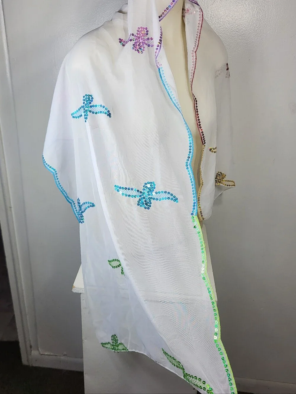 White Sheer Lightweight Scarf with Multicolor Sequin 19